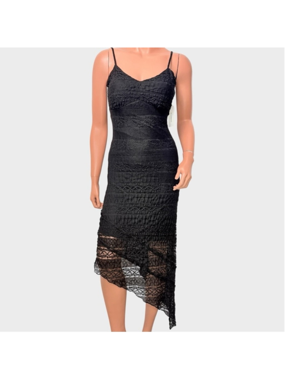 New No Comment Black Lace Mesh Slip Dress Asymmetrical Hem Y2K Whimsigoth M NWT